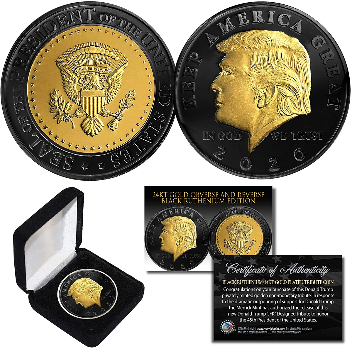 Donald Trump Keep America Great Black Ruthenium 24K Gold Medallion